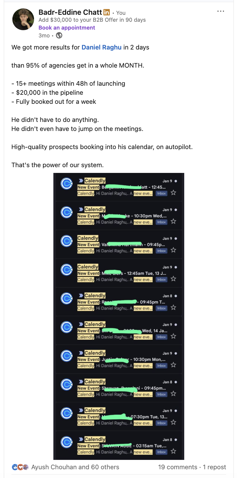 LinkedIn post showing 11 Calendly meeting notifications booked for Daniel Raghu within 48 hours of launching BEC Growth's cold email system