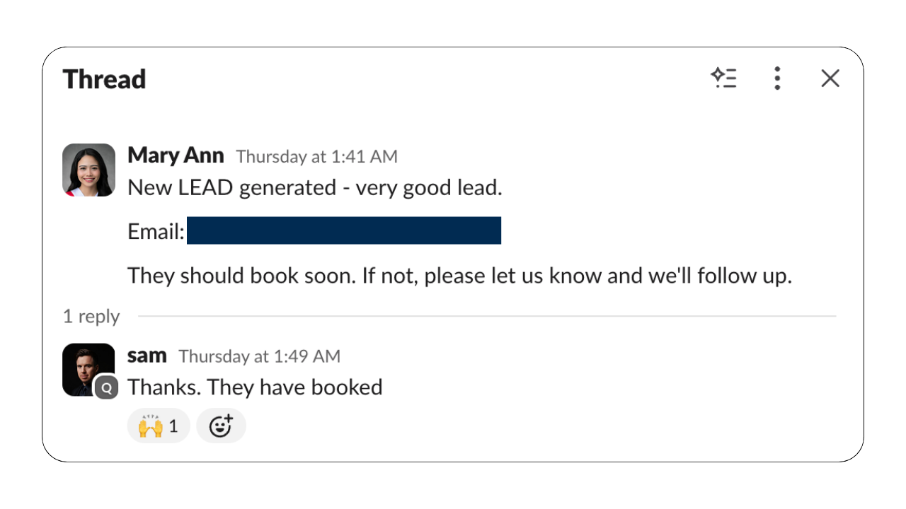 Slack thread showing a new qualified lead generated for Sam Bylett with confirmation that the lead has booked a meeting
