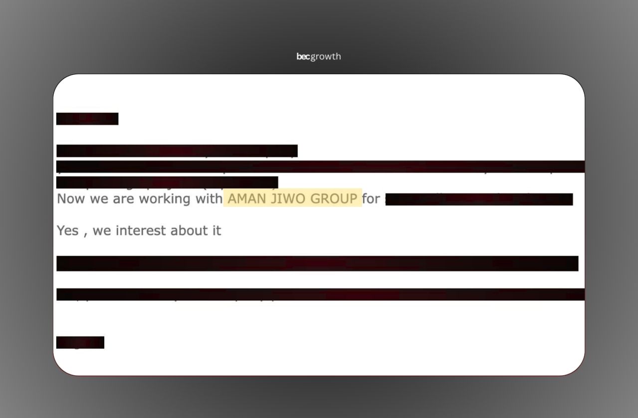 Redacted cold email reply screenshot: a contact says they are now working with Aman Jiwo Group and replies 'Yes, we interest about it' to a BEC Growth cold email campaign
